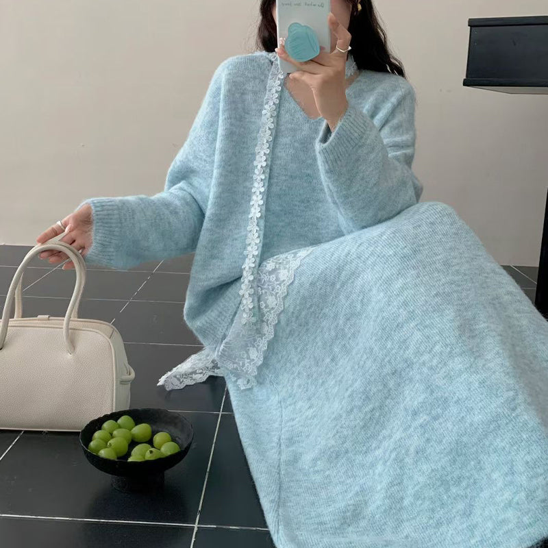 Haina | Elegantes Strickkleid Set mit Rock und Spitze