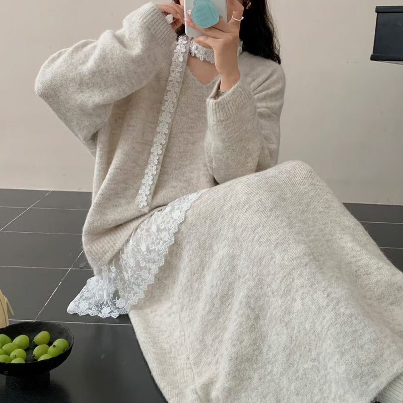 Haina | Elegantes Strickkleid Set mit Rock und Spitze