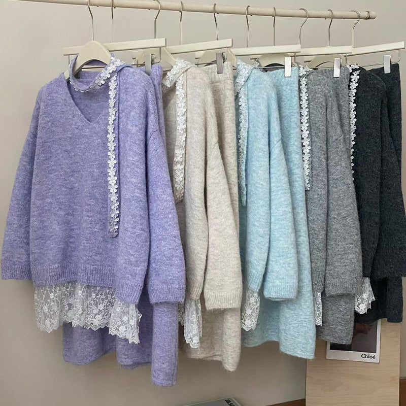 Haina | Elegantes Strickkleid Set mit Rock und Spitze